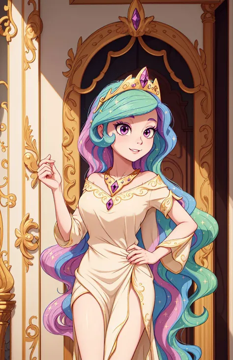 princess_celestia wearing a tunic,regalia,crown,scene is luxurious palace hall,(hair over one eye, one eye covered),<lora:celestia:1>,masterpiece,best quality,