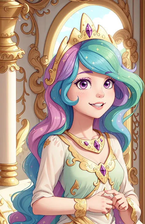 princess_celestia wearing a tunic,regalia,crown,scene is luxurious palace hall,(hair over one eye, one eye covered),<lora:celestia:1>,masterpiece,best quality,