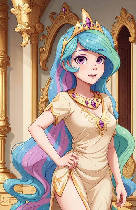 princess_celestia wearing a tunic,regalia,crown,scene is luxurious palace hall,(hair over one eye, one eye covered),<lora:celestia:1>,masterpiece,best quality,