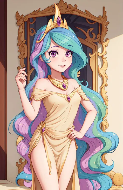 princess_celestia wearing a tunic,regalia,crown,scene is luxurious palace hall,(hair over one eye, one eye covered),<lora:celestia:1>,masterpiece,best quality,