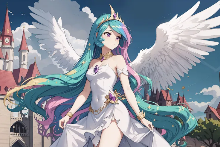 princess celestia, regalia, shot from ground, dress, detailed background of castle, <lora:celestia:0.8>, spread big angel's wings