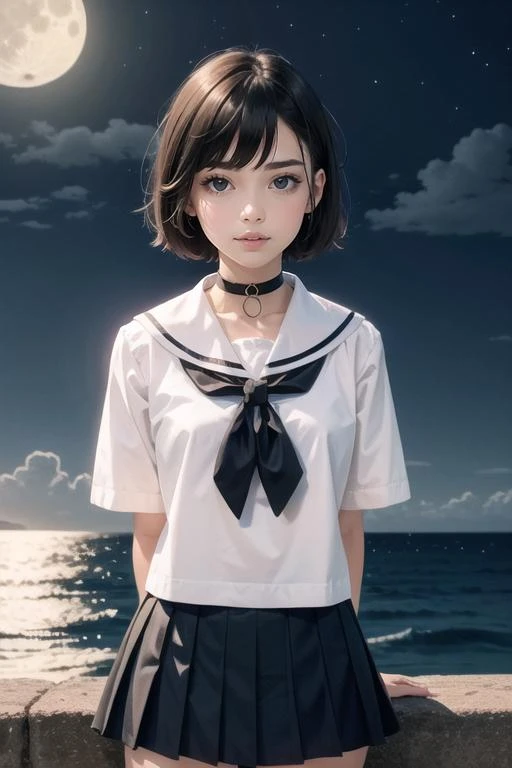 1girl, arms_behind_back, bangs, black_hair, black_skirt, choker, cloud, collar, cowboy_shot, full_moon, horizon, lips, looking_at_viewer, moon, neckerchief, night, ocean, outdoors, pleated_skirt, sailor_collar, school_uniform, serafuku, shirt, short_hair, skirt, sky, solo, water