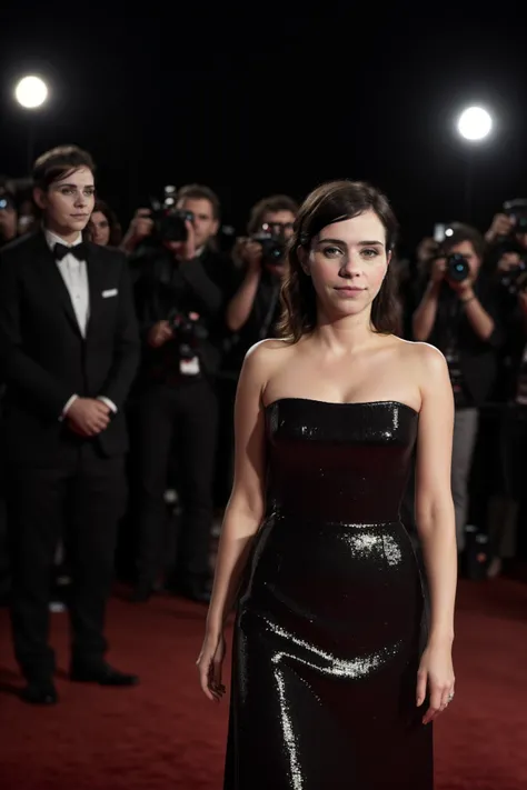 photo of noratschirner, a woman as a movie star, modelshoot style, ((movie premiere gala)), ((standing on the red carpet)), ((paparazzi in the background)), (looking at viewer), (detailed eyes:1.2), (elegant dress:1.1) kkw-ph1