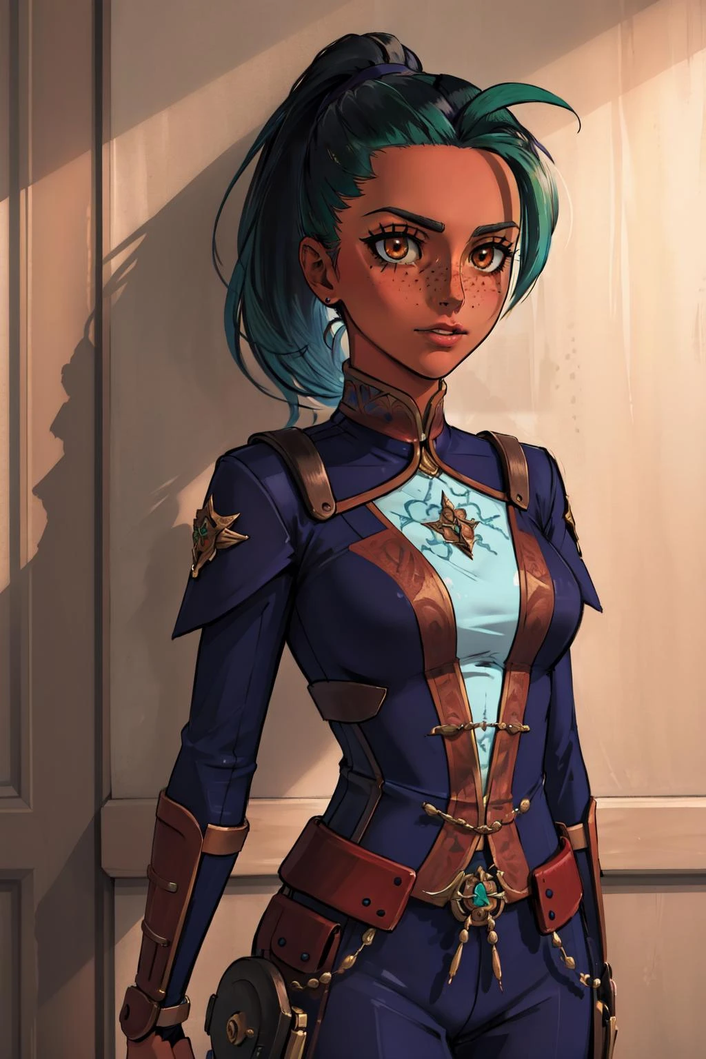 (masterpiece, best quality), intricate details,
1girl, <lora:NemonaDef:0.8> Nemona, orange eyes, green hair, ponytail, freckles,
<lora:chocoskin:0.8>