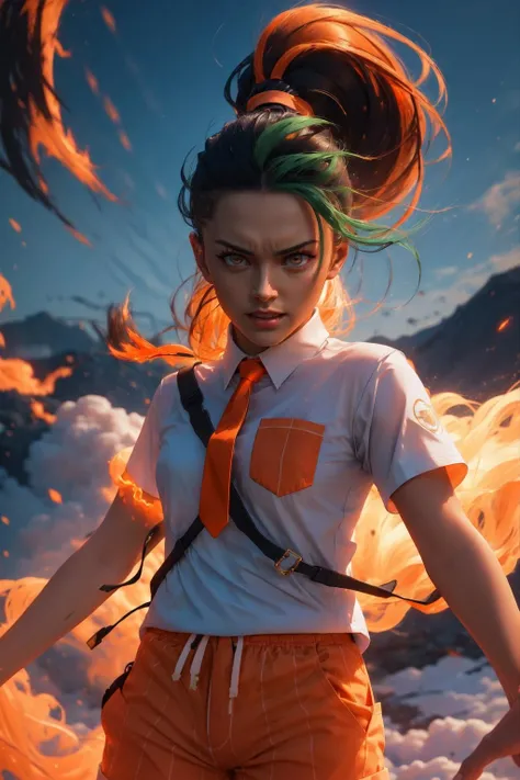 (masterpiece, best quality), intricate details,
1girl, <lora:NemonaDef:0.8> Nemona, whit shirt, orange tie, orange shorts, ponytail, green hair, orange eyes,
<lora:r1ge - AnimeRage:0.8> r1ge, angry, glowing, lava, rage,
