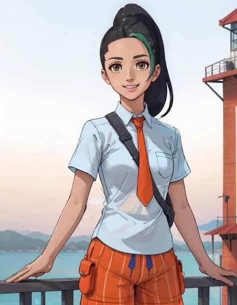<lora:NemonaDef:0.85>, Nemona, orange shorts, orange necktie, white shirt, freckles, (dark skin:0.8), ponytail, brown eyes, smile, outside lighthouse