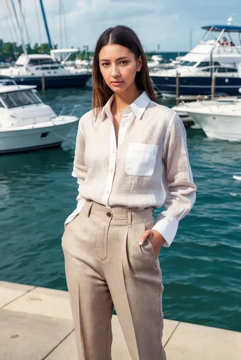 A full color portrait of a beautiful woman wearina a linen shirt and navy slacks, active harbor,HDR Foto,epic character composition,by ilya kuvshinov, alessio albi, nina masic,sharp focus, subsurface scattering, f2, 35mm, film grain <lora: kittyja:1>