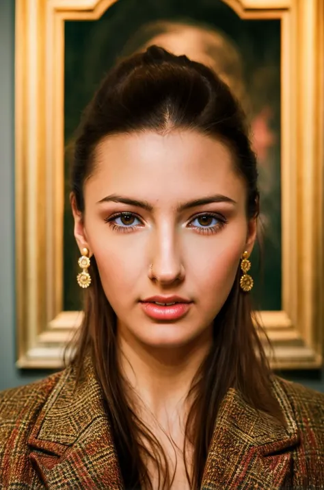 A stunning intricate full color picture of a beautiful woman, wearing a timeless tweed jacket at a museum tour, closeup,, epic character composition,by ilya kuvshinov, alessio albi, nina masic,sharp focus, subsurface scattering, f2, 35mm, film grain<lora: kittyja:1>