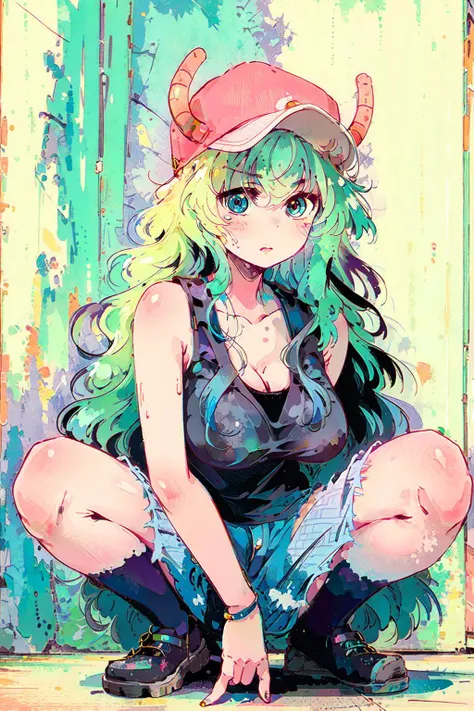 masterpiece, best quality,girl ,<lora:1990:0.8>, <lora:jk_v3:0.8> squatting,
<lora:Lucoa Quetzalcoatl V2:1> ,lucoa_quetzalcoatl, multicolored hair, (heterochromia:1.2), (blue eyes:1.1), dragon horns, dragon girl, large breasts, multicolored hair, blonde hair, hat, cleavage,short shorts, tank top, denim, baseball cap