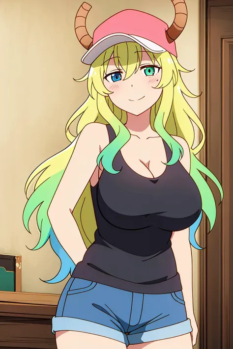 masterpiece, perfect lighting, (beautiful, best quality:1.3), perfect eyes, absurdres, 8k,
1girl, solo, (absurdres), finely detail, smile,
<lora:Lucoa Quetzalcoatl V2:0.6>, lucoa_quetzalcoatl, multicolored hair, (heterochromia:1.2), (blue eyes:1.1),
dragon horns, dragon girl, large breasts, multicolored hair, blonde hair,
hat, cleavage, cowboy shot,
short shorts, tank top, denim, baseball cap,