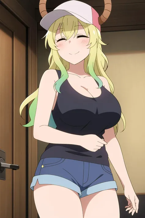 masterpiece, perfect lighting, (beautiful, best quality:1.3), perfect eyes, absurdres, 8k,
1girl, solo, (absurdres), finely detail, smile,
<lora:Lucoa Quetzalcoatl V2:0.6>, lucoa_quetzalcoatl, multicolored hair, closed eyes,
dragon horns, dragon girl,  large breasts, multicolored hair, blonde hair,
hat, cleavage, cowboy shot,
short shorts, tank top, denim, baseball cap, from below, white panties,