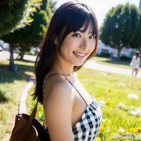 8k,4k,intricate details, RAW photo, ultra realistic,best quality,masterpiece,ultra detailed,high resolution,photorealistic,full body,long hair,blunt bangs,looking over the shoulder , smiling, solo, walking through a city park, designer bag, checkered modern dress, finely detailed skin, pro photo shoot, high resolution, 8k, realistic, photo, depth of field,smile,kanayume, <lora:KanaYumeBRAv1-000008:0.9>