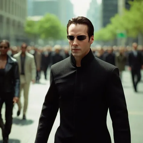 cinematic film still of <lora:The Matrix Style:1>
Neo, Mr. Anderson, The Anomaly, The One, a man in sunglasses and a black jacket staring at camera outdoors on a crowded streets with many people walking in blur background The Matrix Style, shallow depth of field, vignette, highly detailed, high budget, bokeh, cinemascope, moody, epic, gorgeous, film grain, grainy