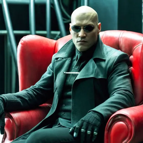 Horror-themed,  <lora:The Matrix Style:1>
Morpheus solo, red chair, looking at viewer, 1boy, sitting, jacket, male focus, facial hair, sunglasses, couch, realistic, bald The Matrix Style, Eerie, unsettling, dark, spooky, suspenseful, grim, highly detailed