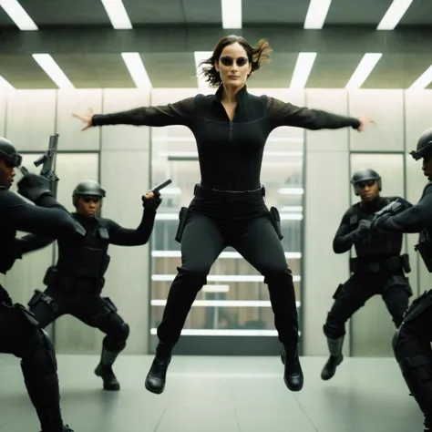 cinematic film still of <lora:The Matrix Style:1>
Trinity a woman in a black outfit is jumping in the air in front of a group of swat team units The Matrix Style, shallow depth of field, vignette, highly detailed, high budget, bokeh, cinemascope, moody, epic, gorgeous, film grain, grainy