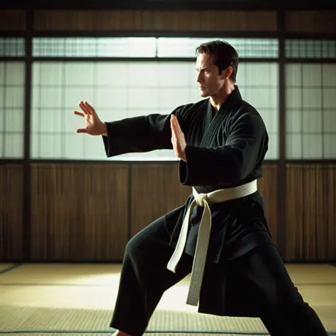 cinematic film still of <lora:The Matrix Style:1>
Neo, Mr. Anderson, The Anomaly, The One, a man in a karate stance with his hands out doing a karate pose The Matrix Style, shallow depth of field, vignette, highly detailed, high budget, bokeh, cinemascope, moody, epic, gorgeous, film grain, grainy