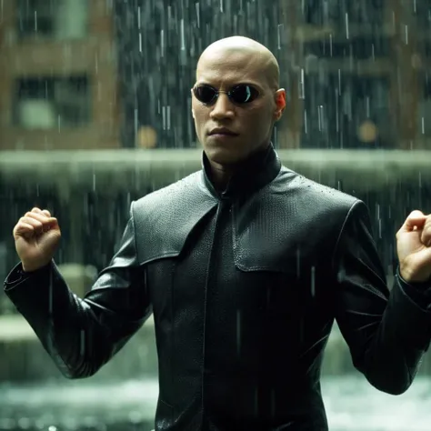 cinematic film still of <lora:The Matrix Style:1>
Morpheus solo, black suit, water, rain, jump, 1boy, jewelry, male focus, arms up, bracelet, bald, buzz cut The Matrix Style, shallow depth of field, vignette, highly detailed, high budget, bokeh, cinemascope, moody, epic, gorgeous, film grain, grainy