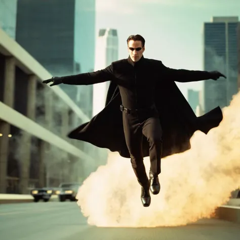 cinematic film still of <lora:The Matrix Style:1>
Neo, Mr. Anderson, The Anomaly, The One, a man in sunglasses and a black cape outfit flying through the air The Matrix Style, shallow depth of field, vignette, highly detailed, high budget, bokeh, cinemascope, moody, epic, gorgeous, film grain, grainy