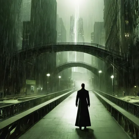 Horror-themed,  <lora:The Matrix Style:1>
outdoors, no humans, building, scenery, science fiction, city, cityscape, interlude, bridge, The Matrix Style, Eerie, unsettling, dark, spooky, suspenseful, grim, highly detailed
