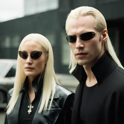 cinematic film still of <lora:The Matrix Style:1>
twins, solo, long hair, blonde hair, 1boy, jewelry, white hair, male focus, blood, sunglasses, ring, black nails, realistic The Matrix Style, shallow depth of field, vignette, highly detailed, high budget, bokeh, cinemascope, moody, epic, gorgeous, film grain, grainy