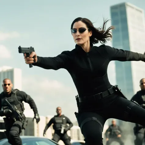 cinematic film still of <lora:The Matrix Style:1>
Trinity a woman in a black outfit is jumping in the air in front of a group of swat team units The Matrix Style, shallow depth of field, vignette, highly detailed, high budget, bokeh, cinemascope, moody, epic, gorgeous, film grain, grainy
