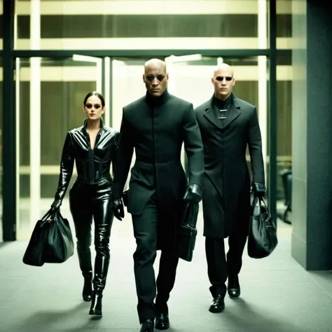 cinematic film still of  <lora:The Matrix Style:1>
Morpheus, trinity, black hair, gloves, male focus, multiple boys, pants, 2boys, bag, sunglasses, walking, door, bald, leather, doorway, buzz cut The Matrix Style, shallow depth of field, vignette, highly detailed, high budget, bokeh, cinemascope, moody, epic, gorgeous, film grain, grainy
