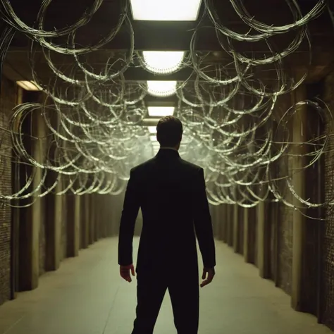 cinematic film still of  <lora:The Matrix Style:1>
Neo, Mr. Anderson, The Anomaly, The One, a man standing in front of a wall with with his hand risen up, controlling many circular spiral barbed wire objects in a dark underground subway tunnel The Matrix Style, shallow depth of field, vignette, highly detailed, high budget, bokeh, cinemascope, moody, epic, gorgeous, film grain, grainy