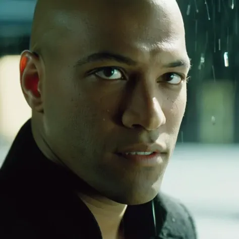 cinematic film still of <lora:The Matrix Style:1>
Morpheus, bald, black, looking at viewer, smile, 1boy, male focus, blurry, reflection, realistic, glass, broken glass The Matrix Style, shallow depth of field, vignette, highly detailed, high budget, bokeh, cinemascope, moody, epic, gorgeous, film grain, grainy