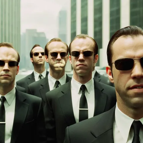 cinematic film still of <lora:The Matrix Style:1>
Agent Smith a group of men in suits and sunglasses smiling at camera The Matrix Style, shallow depth of field, vignette, highly detailed, high budget, bokeh, cinemascope, moody, epic, gorgeous, film grain, grainy