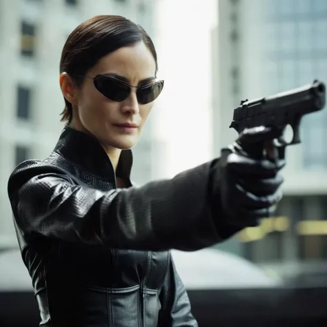 cinematic film still of <lora:The Matrix Style:1>
Trinity a woman in a black outfit and sunglasses holding a hand gun in front of camer The Matrix Style, shallow depth of field, vignette, highly detailed, high budget, bokeh, cinemascope, moody, epic, gorgeous, film grain, grainy