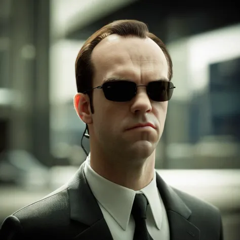 cinematic film still of <lora:The Matrix Style:1>
Agent Smith caricature, raised eyebrows, sad face, solo, brown hair, shirt, 1boy, closed mouth, jacket, white shirt, male focus, necktie, collared shirt, blurry, black jacket, blurry background, formal, sunglasses, suit, portrait, black necktie, meme The Matrix Style, shallow depth of field, vignette, highly detailed, high budget, bokeh, cinemascope, moody, epic, gorgeous, film grain, grainy
