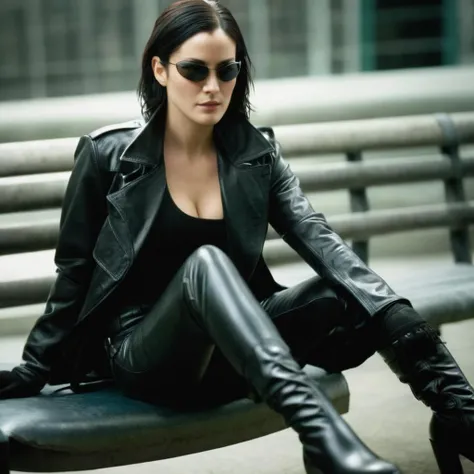 Trinity from the movie matrix. xxx. sexy. full body. with sports lenses, He wears a black leather trench coat. with small tight latex lingerie, full body closeup, cinematic full length lingerie shot. sensual. sexy, background city of matrix. hyper realism. 8k. Photography, hyper realism. k. Photography (masterpiece, Super detail, High detail, Best Quality, 8k, Matrix film lighting