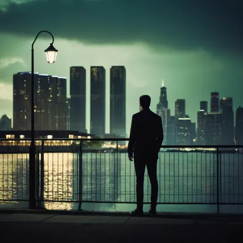 cinematic film still of <lora:The Matrix Style:1>
standing, outdoors, sky, water, from behind, night, building, scenery, reflection, walking, city, silhouette, road, dark, lamppost, city lights, neon lights The Matrix Style, shallow depth of field, vignette, highly detailed, high budget, bokeh, cinemascope, moody, epic, gorgeous, film grain, grainy