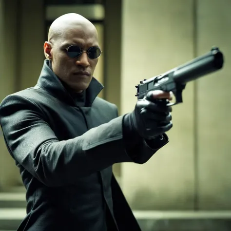 cinematic film still of <lora:The Matrix Style:1>
Morpheus solo, 1boy, holding, weapon, male focus, glasses, sword, holding weapon, blurry, coat, gun, blurry background, sunglasses, katana, holding gun, handgun, bald The Matrix Style, shallow depth of field, vignette, highly detailed, high budget, bokeh, cinemascope, moody, epic, gorgeous, film grain, grainy