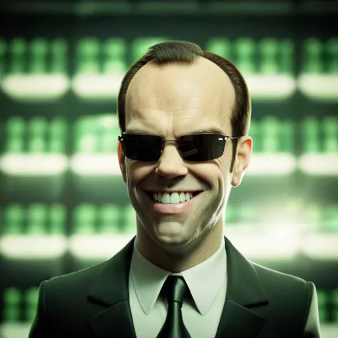 cinematic film still of <lora:The Matrix Style:1>
Agent Smith a cartoon caricature man with a big smile on his face The Matrix Style, shallow depth of field, vignette, highly detailed, high budget, bokeh, cinemascope, moody, epic, gorgeous, film grain, grainy