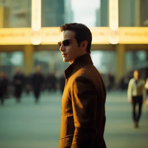 cinematic film still of  <lora:The Matrix Style:1>
solo, short hair, black hair, long sleeves, 1boy, standing, jacket, male focus, pants, from behind, glowing, formal, suit, light particles, arm at side, arms at sides, facing away, light, yellow theme, orange theme The Matrix Style, shallow depth of field, vignette, highly detailed, high budget, bokeh, cinemascope, moody, epic, gorgeous, film grain, grainy