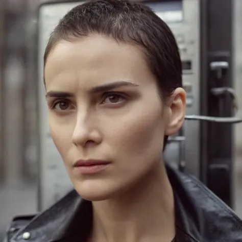 cinematic film still of <lora:The Matrix Style:1>
Sasha Zotova:1 a short hair woman in a leather jacket talking on a payphone staring at camera with a serious look on her face The Matrix Style, shallow depth of field, vignette, highly detailed, high budget, bokeh, cinemascope, moody, epic, gorgeous, film grain, grainy