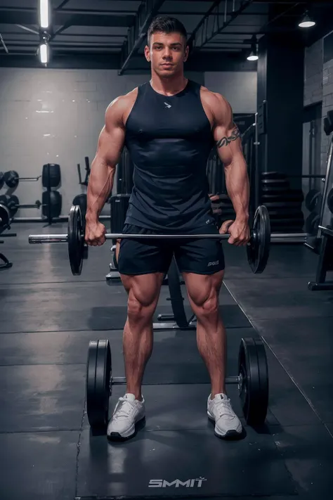 modern professional gym, standing beside a weight machine, sly smile, JesseSantana is a sexytrainer, dark blue muscle shirt, black gym shorts, sneakers, ((full body portrait)), wide angle <lora:JesseSantana-mature:0.8> <lora:Clothing - Sexy Personal Trainer:0.60>