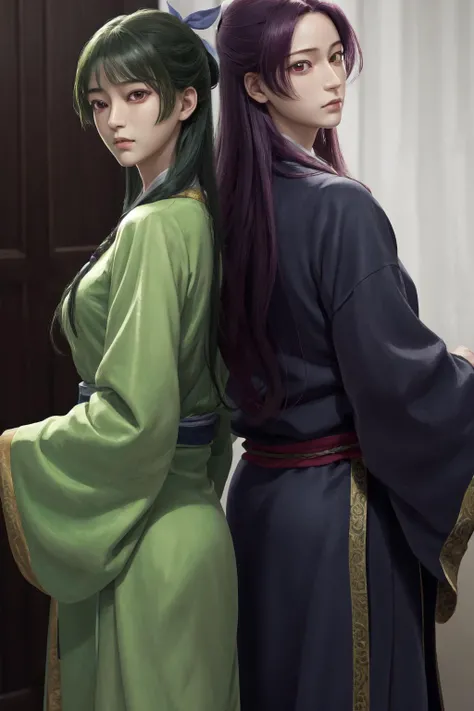 masterpiece, best quality, highres, 1boy jinshi, 1girl maomao <lora:jinmao_2:1> back-to-back, photorealistic