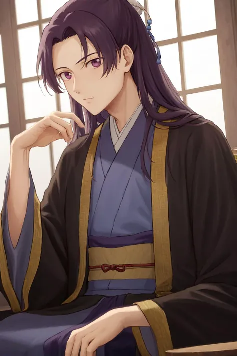masterpiece, best quality, highres, 1boy jinshi, black robe hanfu <lora:jinmao_2:1> sitting, head rest