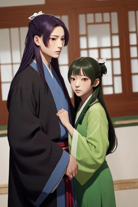 masterpiece, best quality, highres, 1boy jinshi, black robe hanfu, 1girl maomao, hair ribbon green chinese clothes red skirt <lora:jinmao_2:1> photorealistic