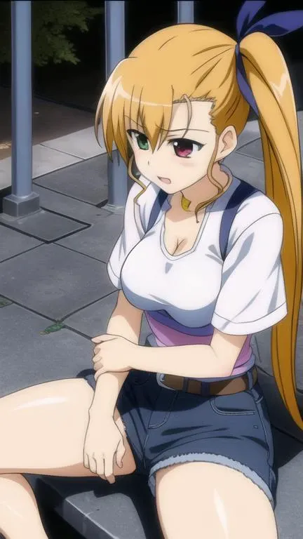 vivio, 1girl, side ponytail,
halterneck, denim, panties,
sitting, park, park bench,
<lora:nanoha-strikers-vivio-adult:0.8>