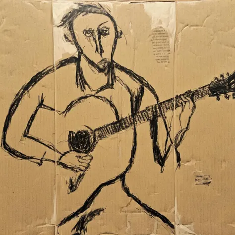 <lora:SDXL_Cardboard_drawings_Sa_May_V4:1> Cardboard drawings a man and guitars