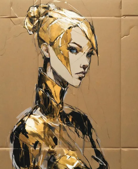 <lora:SDXL_Cardboard_drawings_Sa_May:1>, Cardboard drawings, a girl in a black and golden clothes with a black background, (digital:1.1), Rossdraws, Greg Tocchini, bun hair, (numbers:1.1), gem, (jewelry:1.3), light_particles, skin_tight , Artgerm, Glitch, stanley artgerm lau , (Android Jones:1.2), Glitch art, Eve Ryder , neo-figurative, (a hologram:1.2), (holography:1.2), (low key:1.3)