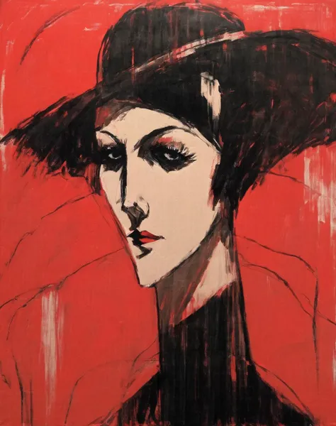 <lora:SDXL_Cardboard_drawings_Sa_May:1>, Cardboard drawings, (noir:1.2), a woman in a hat, (Edwin Georgi:1.3) , (an art deco painting:0.9), (art deco:0.9), red_theme, (greg manchess:1.1), (Sharp focus:1.1), (Femme_Fatale:1.2) , red_background, red_sky, (Black clothes:1.2)
