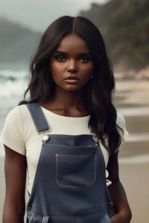 (sharp focus:1.2), photo, duckiethot-3800, (beautiful face:1.1), detailed eyes, luscious lips, (cat eye makeup:0.85), wearing (overalls:1.2) on a (beach:1.2). (moody lighting:1.2), depth of field, bokeh, 4K, HDR. by (James C. Christensen:1.2|Jeremy Lipking:1.1).