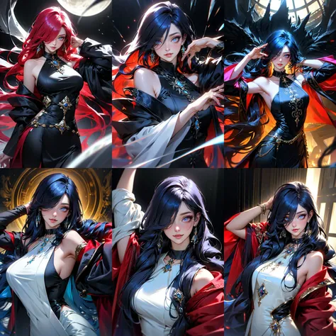 (otherworldly, otherworldly atmosphere, otherworldly appearance), highly insanely detailed, masterpiece, top quality, best quality, highres, 4k, 8k, RAW photo, (long_hair, long hair), collar, earrings, jewelry, 
(random colors cloth, random colors hair, random long hair, dynamic hair, glowing hair), 
long hair, eyelashes, eyeliner, makeup, hair over one eye, 
(dynamic pose), (dynamic weather), 
<lora:å½é£é²è©æ±æ_v1.0:0.75>, gufeng, bare shoulders
(smiling at viewer), (fantasy world)