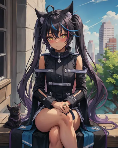 best quality, (masterpiece:1.2), illustration, absurdres,
(1girl, solo), (beautiful detailed girl),
<lora:Celine:0.8>, Celine Millstein, black hair, purple hair, streaked hair, ahoge, long hair, black cat ears, twintails, cat tail, dark skin, small breasts,
black dress, black nails, claws,
looking at viewer, tsundere, blush,
city marketplace, fountain, buildings, trees, day, sky, clouds, sun,,
(crossed legs:1.2), from above