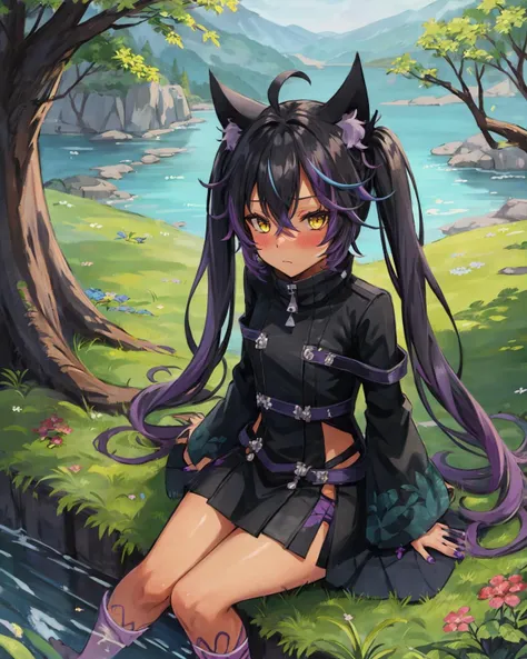 best quality, (masterpiece:1.2), illustration, absurdres,
(1girl, solo), (beautiful detailed girl),
<lora:Celine:0.9>, Celine Millstein, black hair, purple hair, streaked hair, ahoge, long hair, black cat ears, twintails, cat tail, dark skin, small breasts,
black dress, black nails, claws, (((purple feet, barefoot)))
looking at viewer, tsundere, blush,
grassy mountains, trees, japanese architecture, river, plants,,
(sitting:1.2), from above