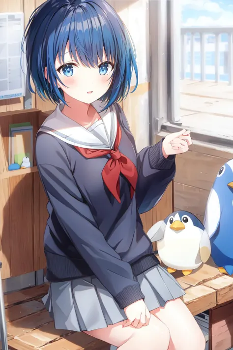 <lora:haruka-000012:0.65>,many penguin stuffed toys ,short hair,serafuku,gray school uniform